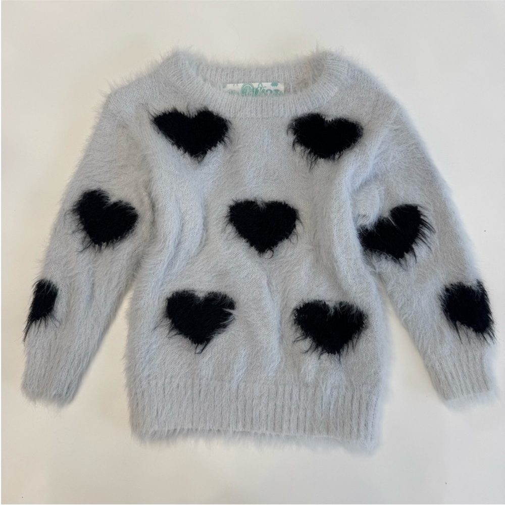 Kapital Fuzzy White Sweater with Black Heart Accents